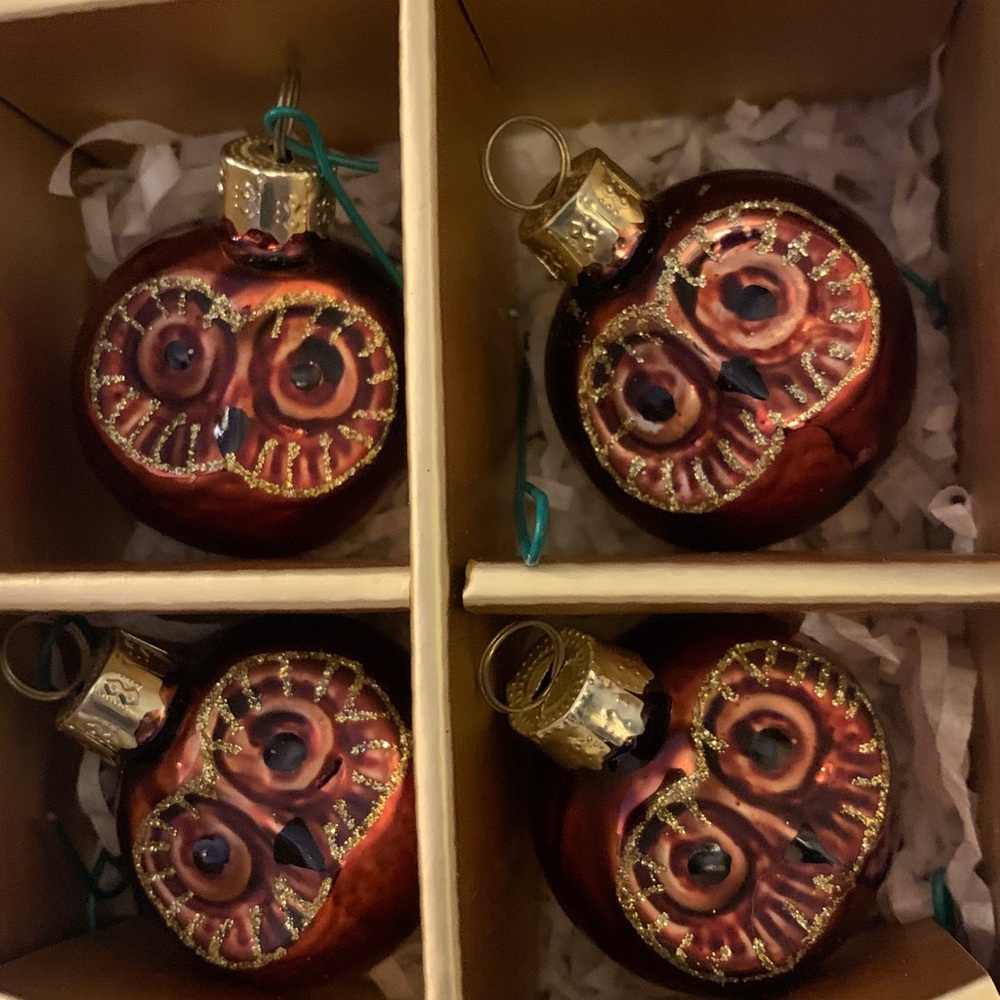 Owl holiday ornaments, set of 10 sold by Crate and Barrel.
